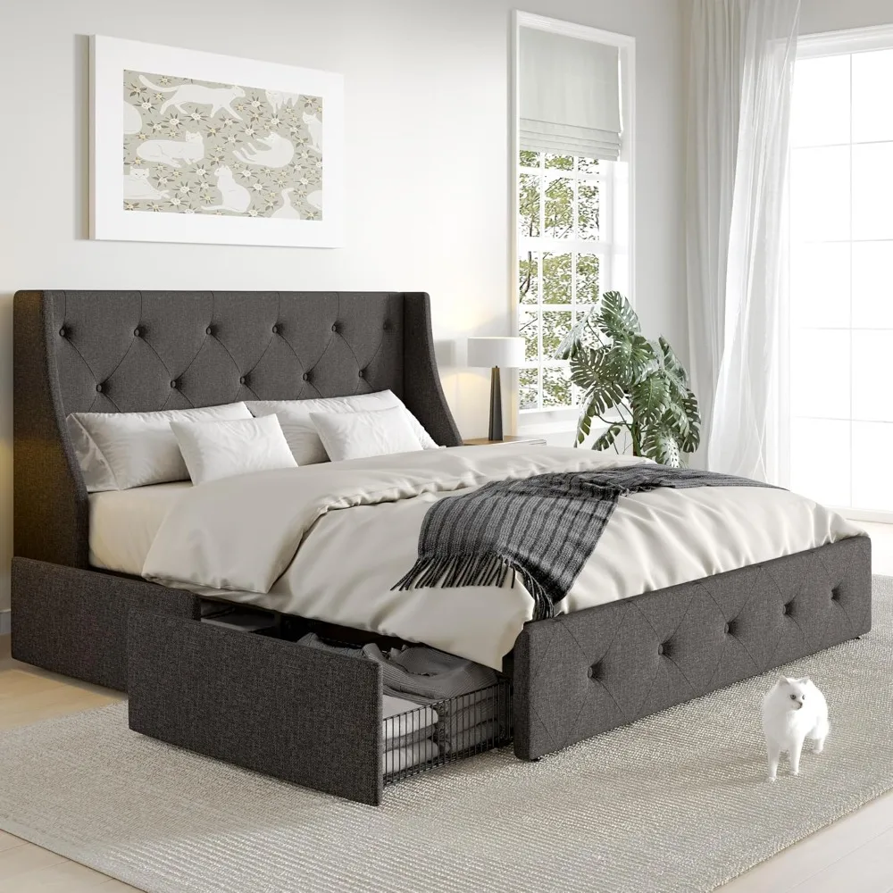 

Queen Platform Upholstered Bed Frame with 4 Storage Drawers and Wingback Headboard, Diamond Stitched Button Tufted Design