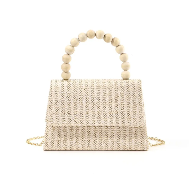 Leisure Holiday Style Women's Handbag Grass Woven Bags Sweet Wooden Beads Handle Vacation Beach Crossbody Bags 2024 New Summer