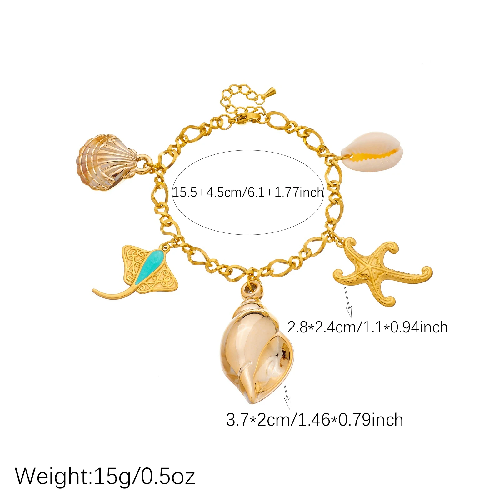 DIEYURO 316L Stainless Steel Golden Conch Shell Devil Fish Starfish Charm Pendant Bracelet For WomenClassic Hand Chain Jewelry