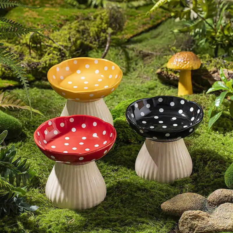 Mushroom Cat Bowl Ceramic High Foot Protection Cervical Spine Large Diameter Drinking Water Eating Bowl Cat Food Basin Pet Bowl