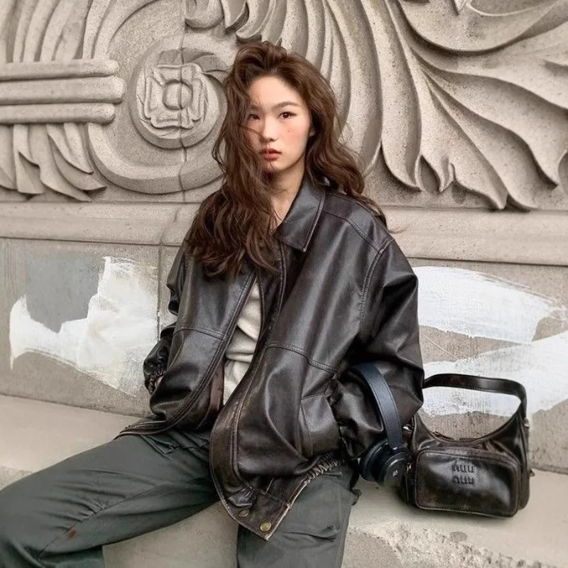 

New Women American Retro Old Leather Coat Spring Autumn Coat