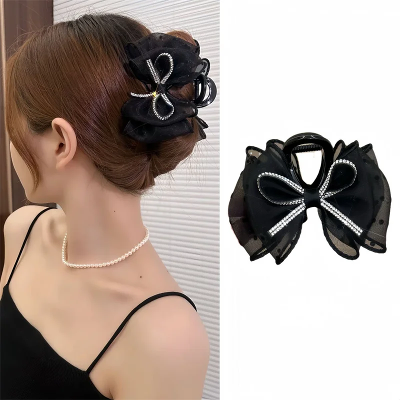 Bowknot Polka Dot Malha Bubble Clipes de cabelo para mulheres, presilhas, Headwear, cavalinha, Garra Hairpin Acessórios, Novo, 2024