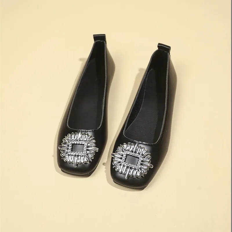 2025 Sparkling Rhinestone Shoes Woman Silver Japanned Leather Flats Square Toe Slip on Ladies Ballets Office Dress Loafers Femme