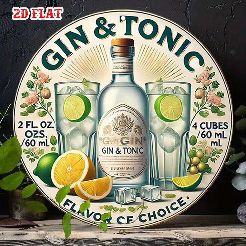 2D Flat - A 2D Flat Cocktail Illustration on a Round Sign, Featuring Citrus Decor. This Beverage Poster Measures 7.87 Inches by