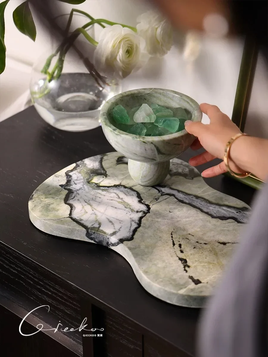 【Natural】Konwei Home Series Cold Emerald Marble Storage Bowl & Tray, Luxury Tabletop Decor Ornament for Living Room
