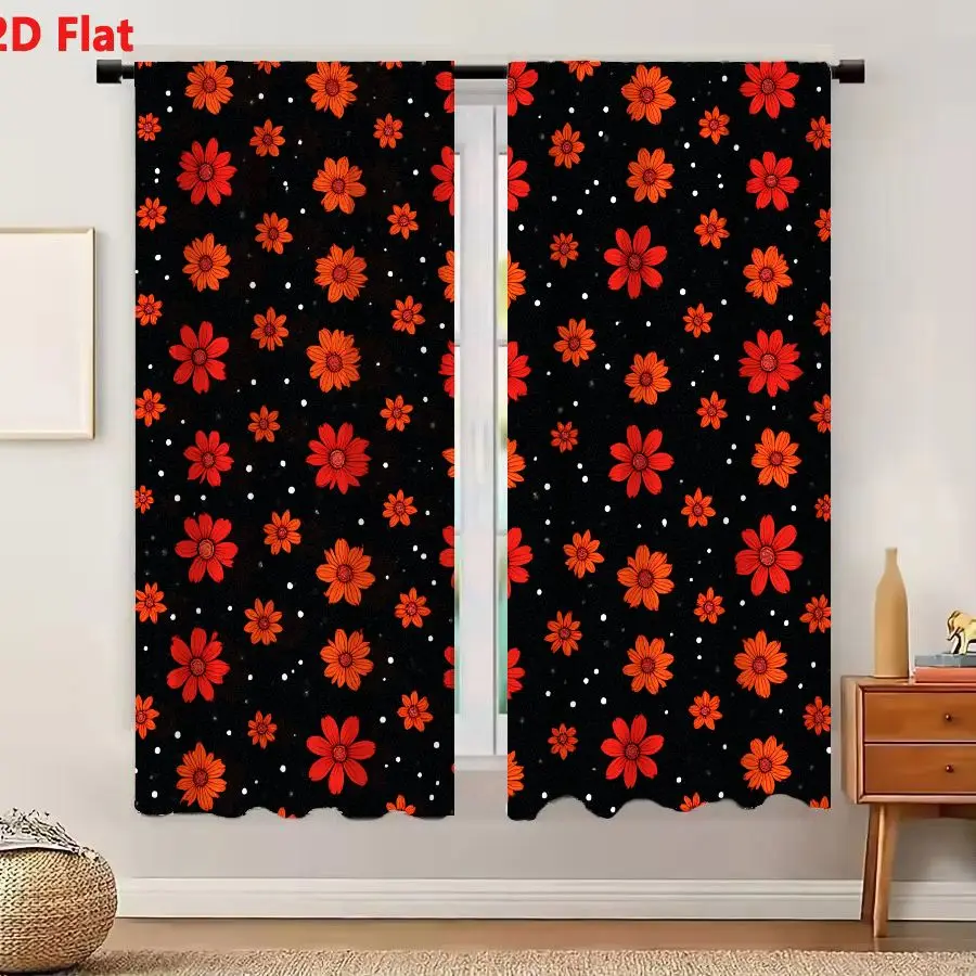 2Pcs Curtains 2D Flat Seamless Pattern With Vibrant Orange And Red Stylized Flowers On Black Background With White Dots Window D