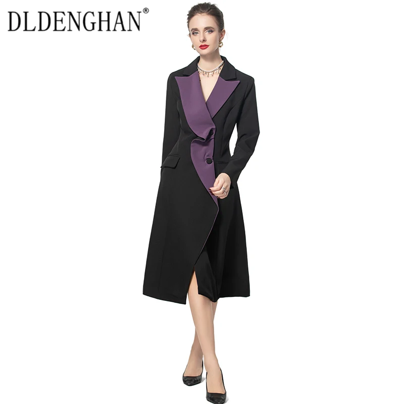 DLDENGHAN Single Breasted Contrast สีสําหรับผู้หญิง Turn-Down คอยาวแขนยาว Office Lady Outerwear ฤดูใบไม้ร่วงใหม่