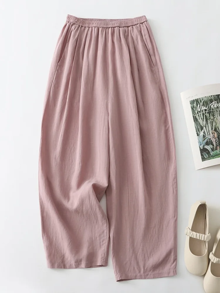Novedad de verano, pantalones de pierna ancha de lino y algodón para mujer, pantalones Harlan rectos de lino holgados e informales de talla grande para mujer