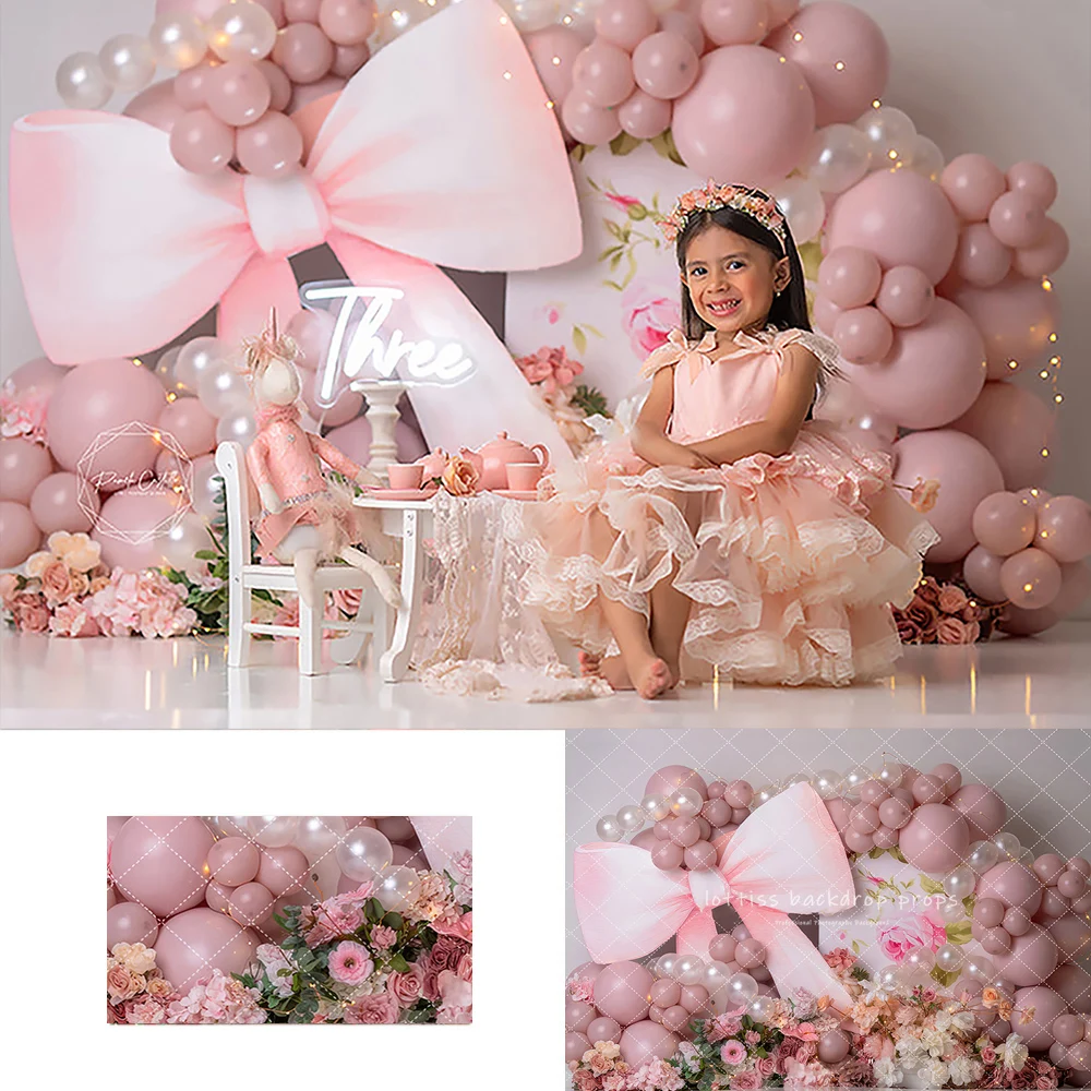 Pink Pearls Balloons Backdrops Kids Child Birthday Cake Smash Baby Photography Bow Decors Backgrounds