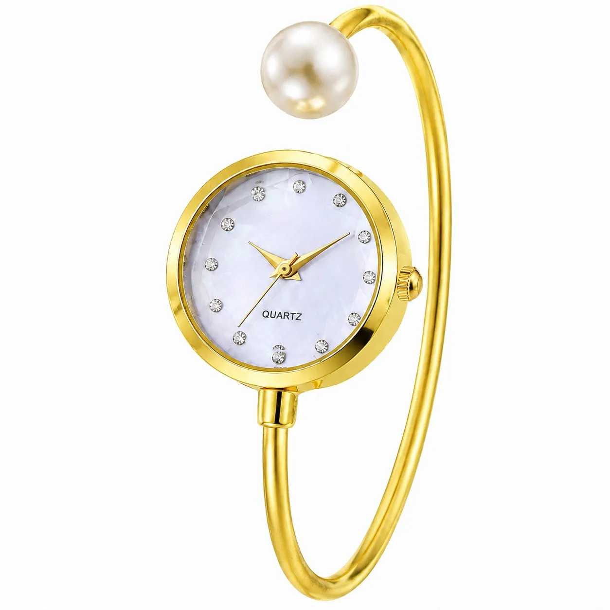 Womens Round Pearl Deco Shell Dial Open Bracelet Wrist Watch Elegant Cuff Bangle Fashion Jewelry Retro Dress Clock Gift