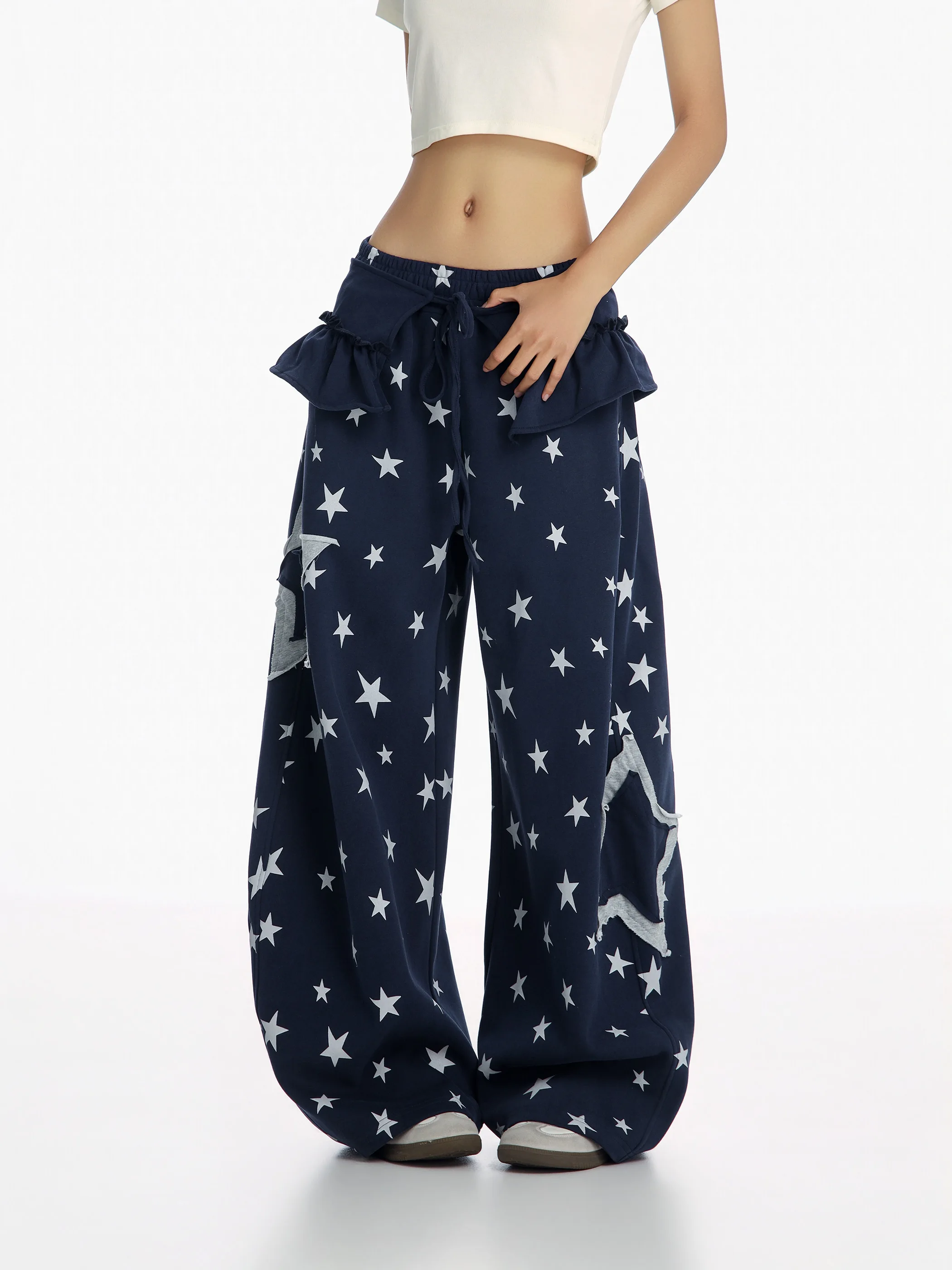 

American Retro Print Star Loose Wide Leg Pants Women's Drapey Sports Pants Fake Two-Piece Casual Trousers for Ladies