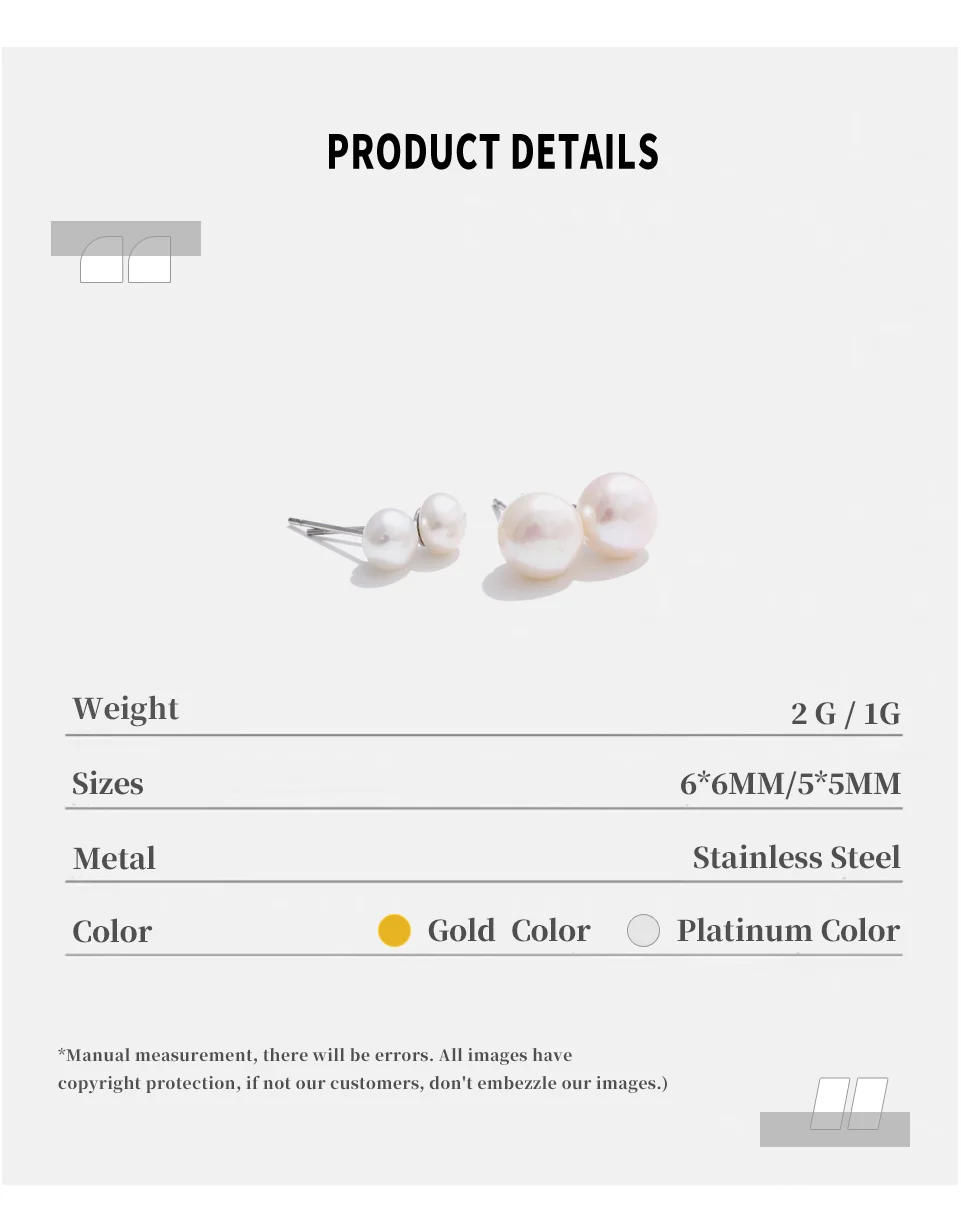 NiNice Earrings Natural Pearl Ear Stud Stainless Steel Fashionable Design High-quality New Wholesale 5/6/8mm