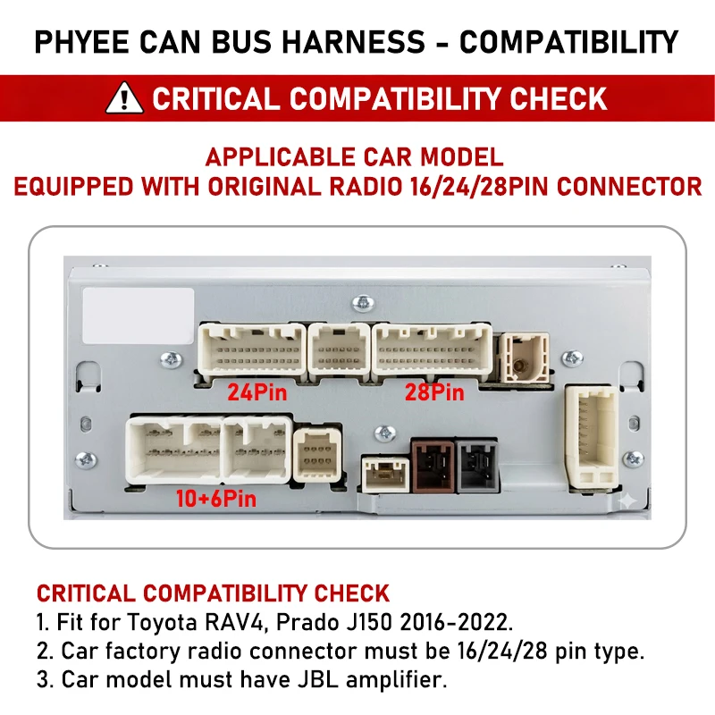 Wiring Harness CAN BUS Decoder for Toyota RAV4 Prado J150 16-22, 16Pin/24Pin/28Pin, Support JBL/SWC, P&P 16Pin Android Adapter