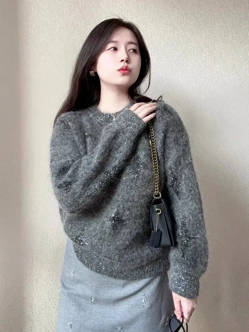 Gagarich Korean Fashion High End Gray Pullover Sweate Women Autumn Winter Design Niche Loose Knitted Top Outerwear Clothing