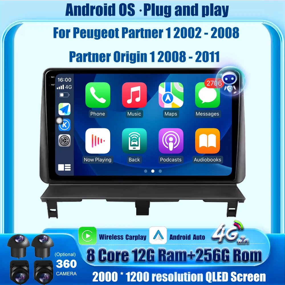 

Автомобильный радиоприемник-мультимедийный плеер GPS для Peugeot Partner 1 2002-2008 Partner Origin 1 2008-2011 Android 16 Carplay BT DSP 4G WIFI