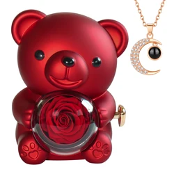 Eternal Rose Bear Gift Box with Necklace Set Rotate Rose Jewelry Box Valentine Wedding Storage Gift Case for Women Girlfriend