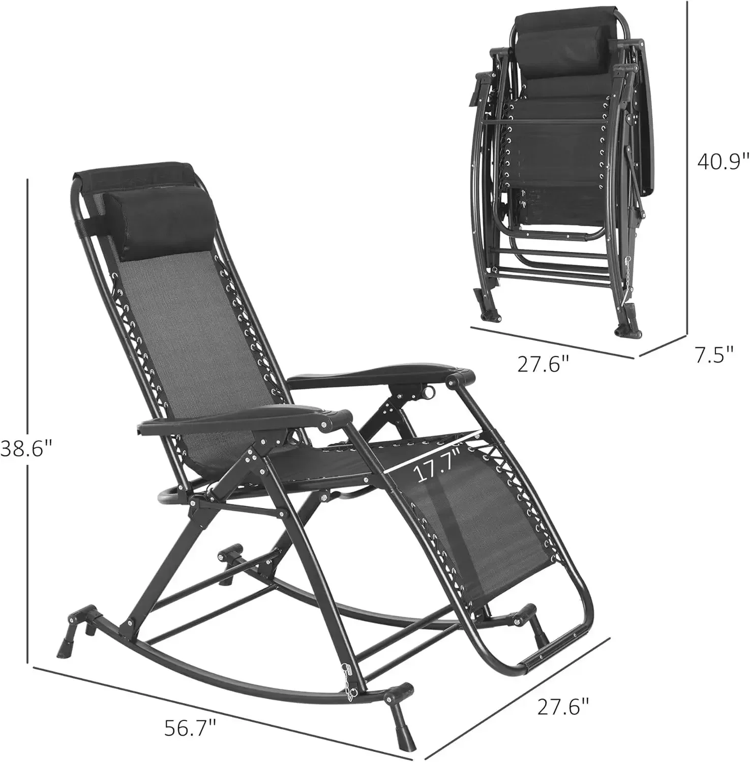 Foldable Zero Gravity Outdoor Rocking Chair Reclining Patio Lounge Chair with Combo Cup Phone Holder and Removable Pillow Foldin