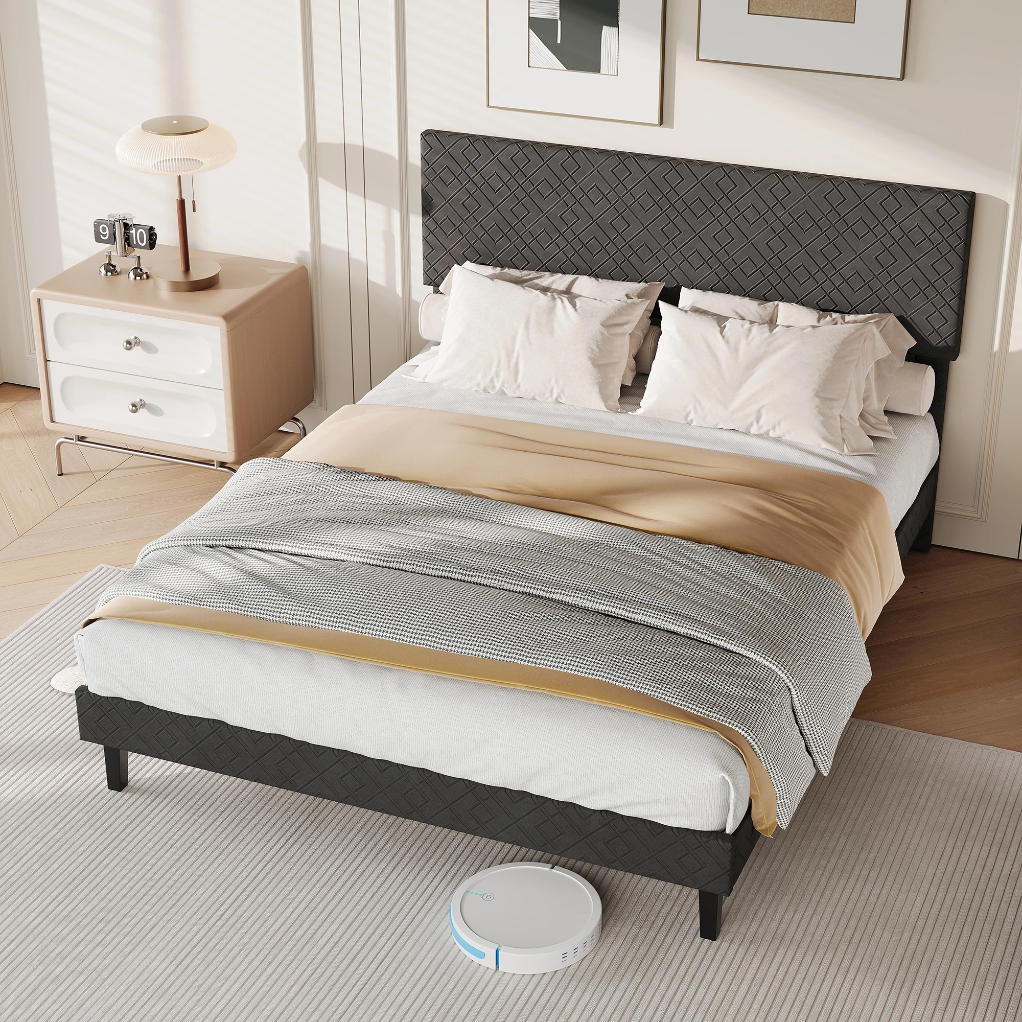 Anajqaqia Estructura de Cama Doble de 140x200cm, Cama con Plataforma Tapizada en Lino Gris con Soporte de Listones, Estructura de Cama Moderna y Sencilla para Dormitorio, No Incluye Colchón