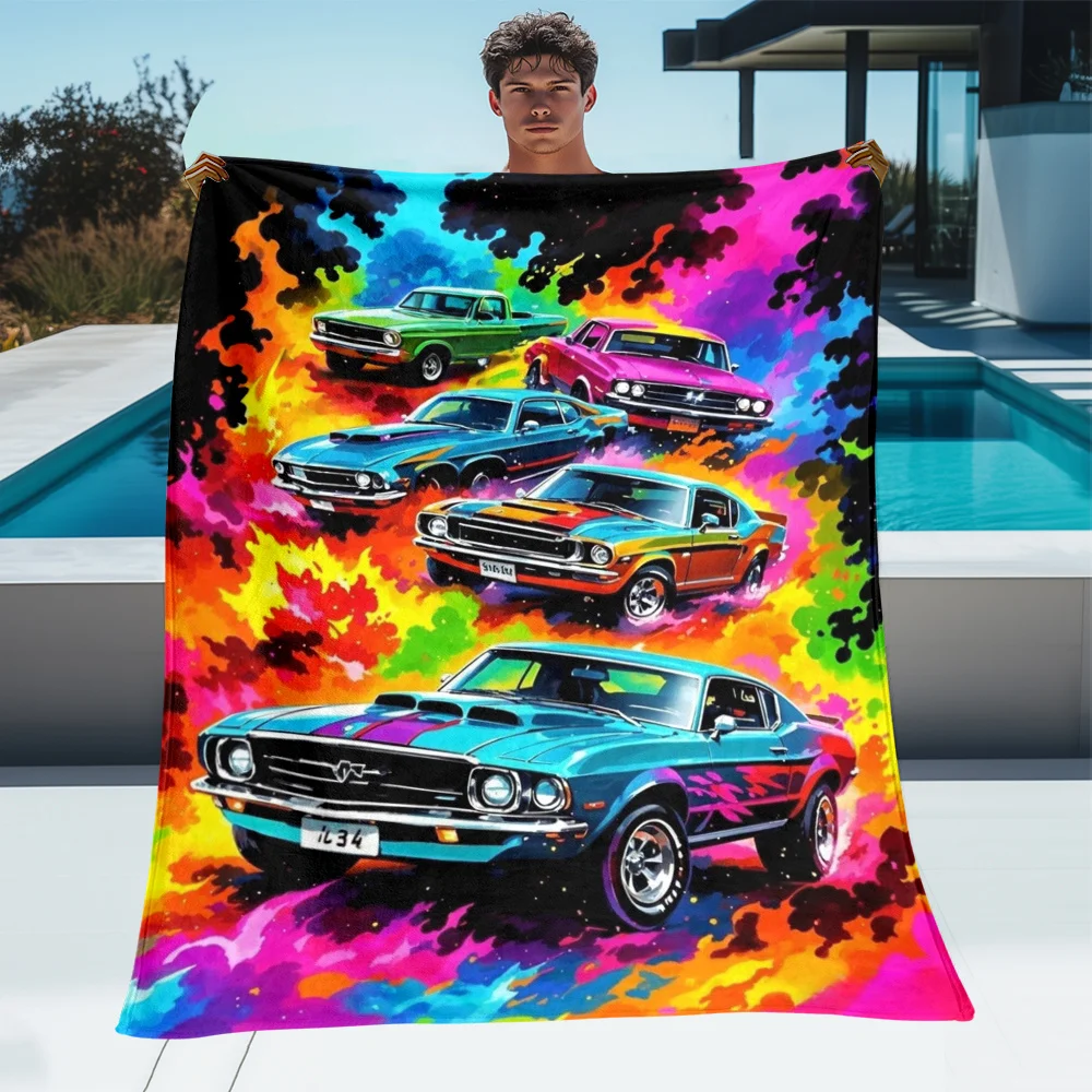 Classic Muscle Cars Retro Automotive Art Blanket Flannel Soft Throw Blanket for Car Enthusiasts Garage DecorVintageVehicleDesign