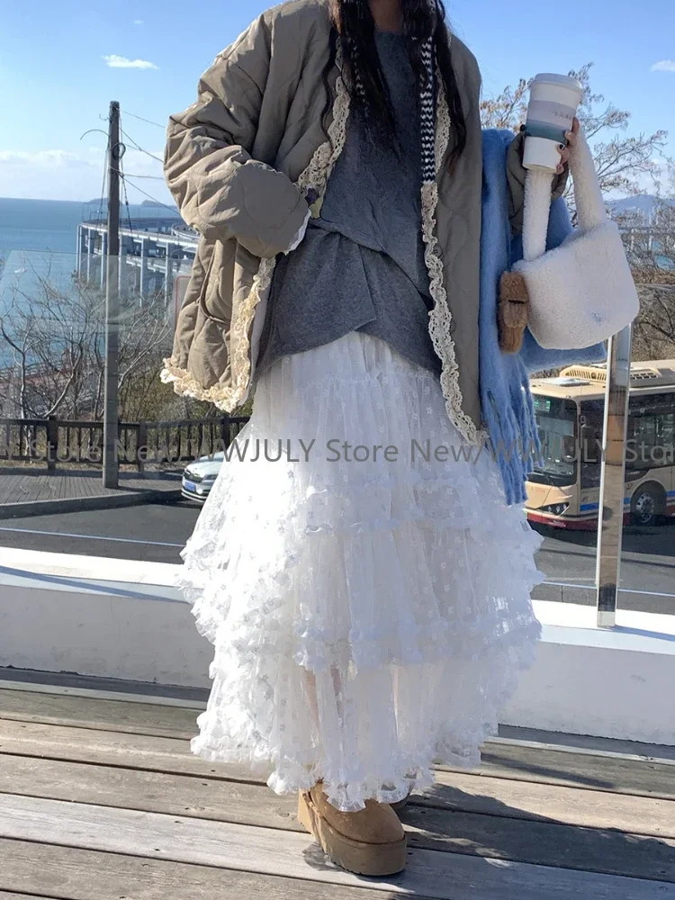 Korean Fashion White Ruffle Lace Skirt Women Fairycore Vintage High Waist Irregular Patchwork Midi Skirt Cute Streetwear Chic