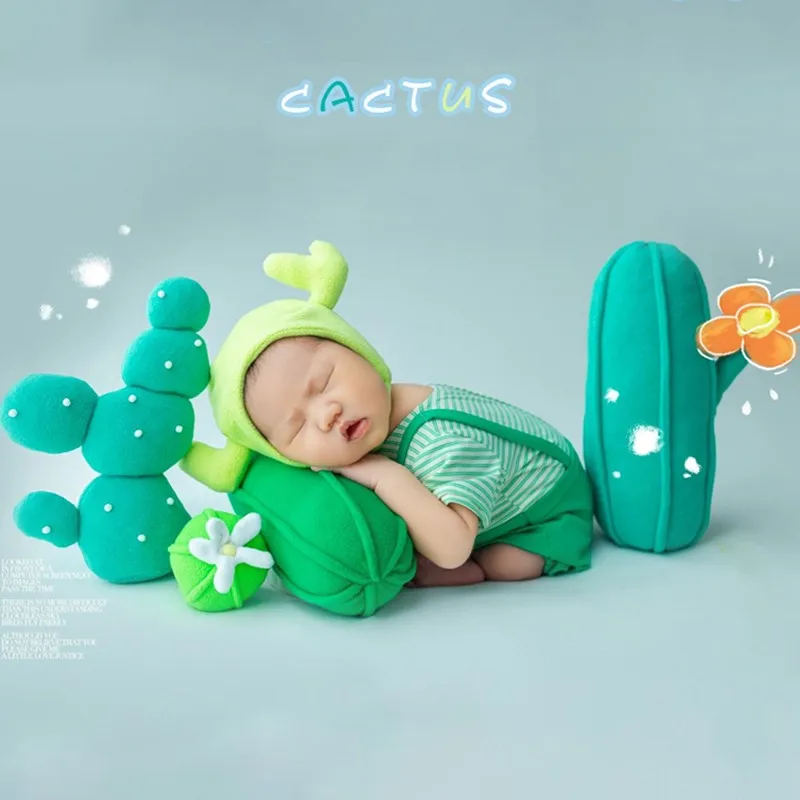 ❤️Newborn Photography Clothing Hat+Jumpsuit+Cactus Throw Pillow 6Pcs/set Studio Baby Photo Props Accessories Clothes Outfits