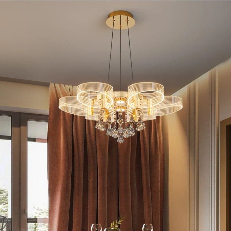 American Luxury Pendant Lights Restaurant Intelligent Control Creative Crystal LED Hanging Line Lamp Dining Table Kitchen Island