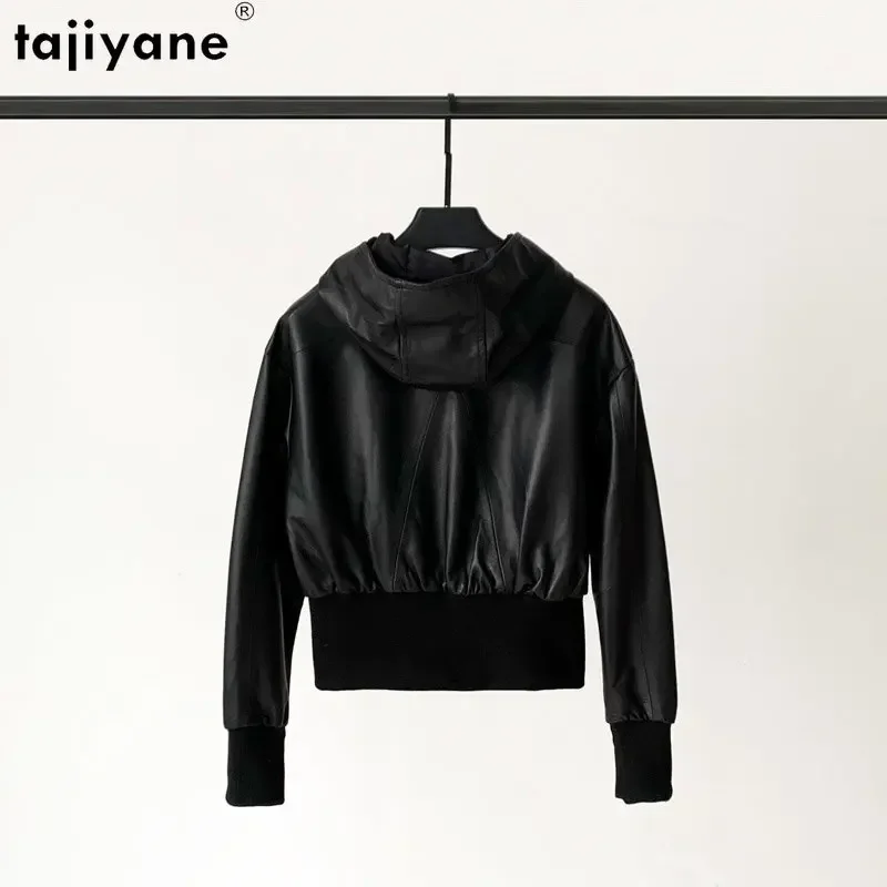 Tajiyane Genuine Sheepskin Leather Jacket Women Short Knitted Stitching Leather Jackets for Women Real Leather Coat Hooded Coats