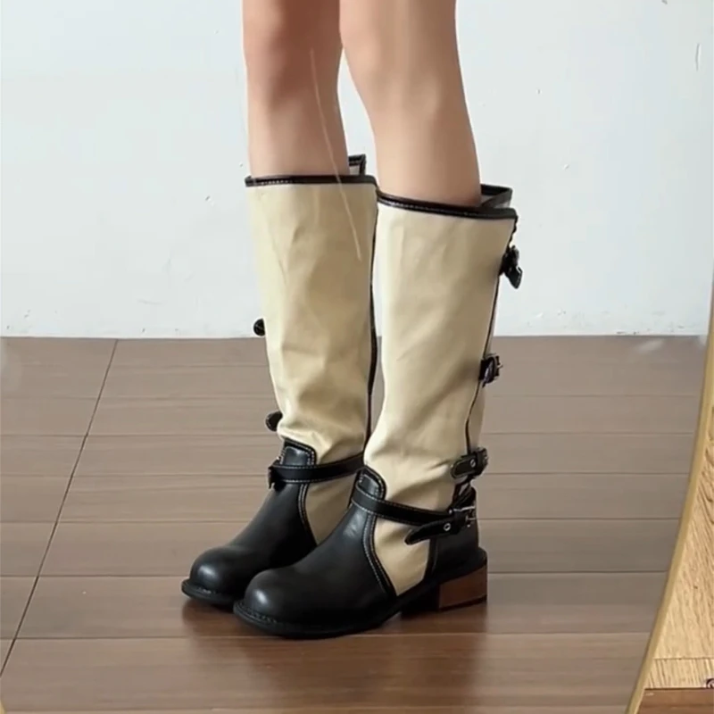 Women Patchwork Mid Calf Boots Multi Buckle Strap Square Block Heel Shoes Vintage Western Cowboy Boots For Autumn Winter