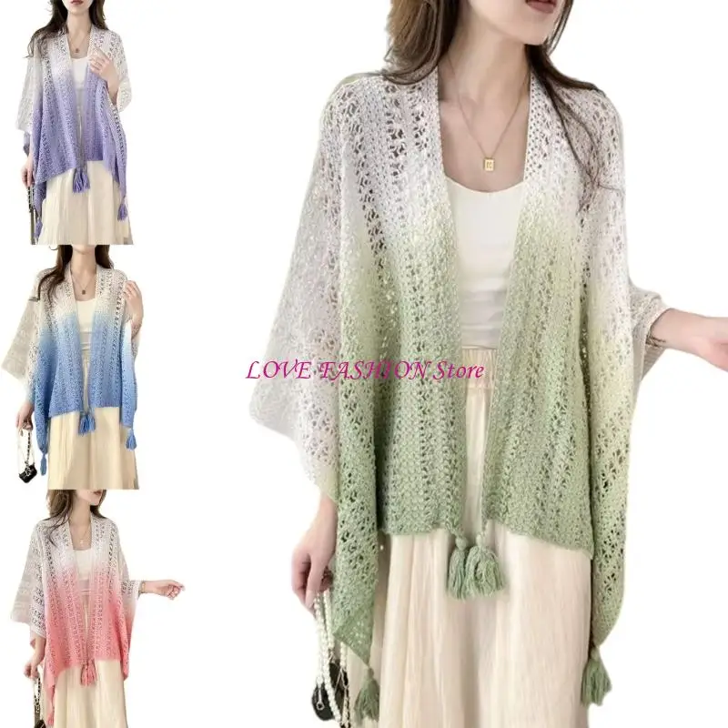 

Hand Knitted Open Front Capelet Shawl With Tassels Trim Bohemian Women's Wear Y166