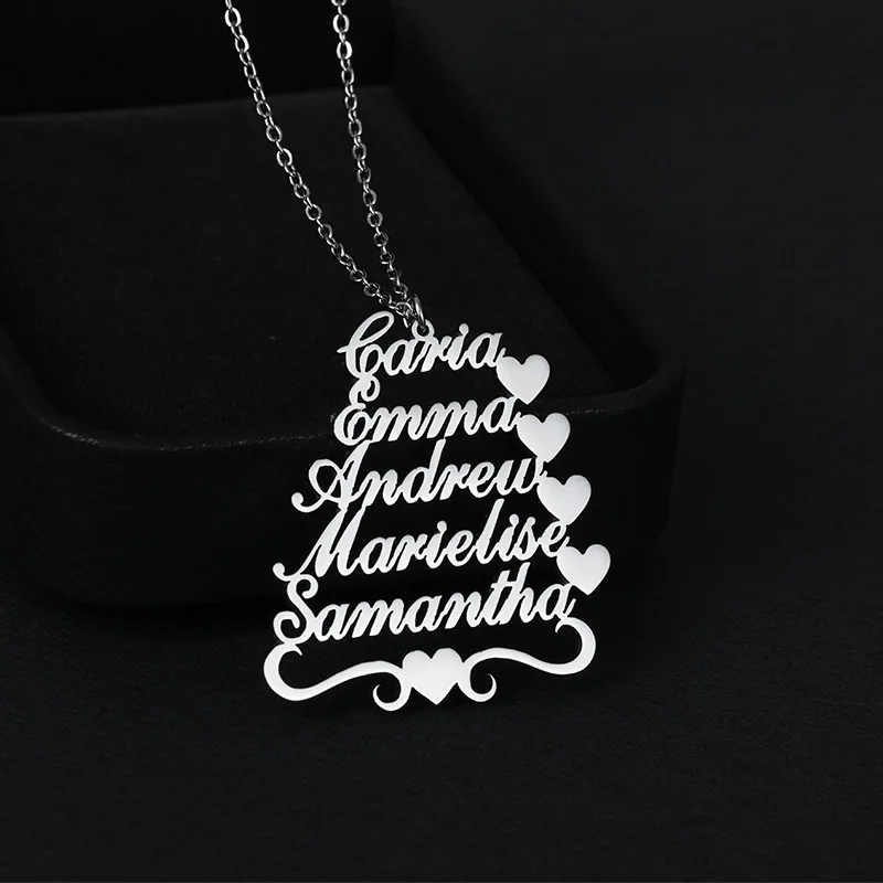 

Модное ожерелье с подвеской в форме дерева с несколькими именами, персонализированное ожерелье с именем и сердцем из нержавеющей стали, подарок на День святого Валентина