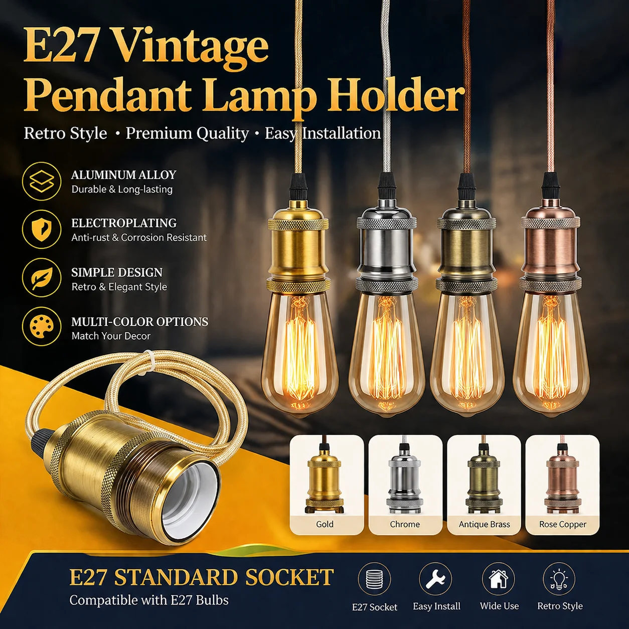 E27 Vintage Pendant Light Holder Fixture Minimalist Hanging Lamp Base Aluminum Electroplated Ceiling Lamp Holder For Dining Room