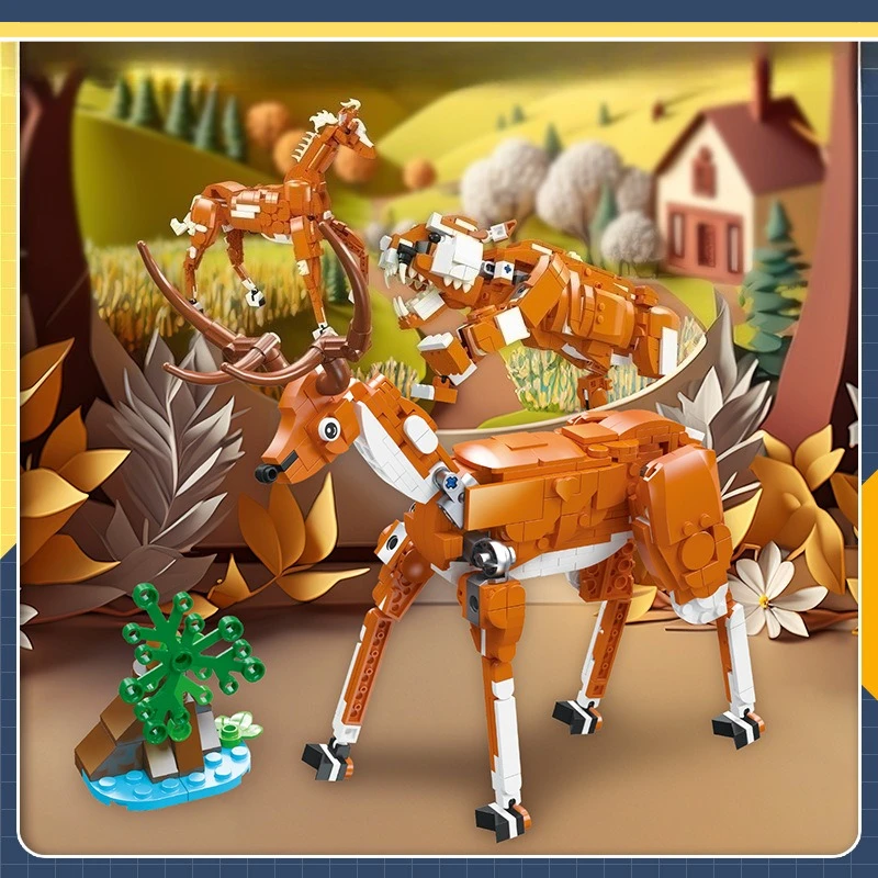 

Creative animal one-to-three DIY assembly deer, pony and tiger building block model gift display