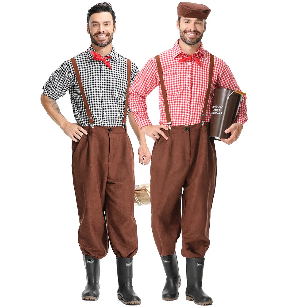 

New Medieval Colonial Costume Adult Strap Pants Plaid Farmer Workwear Halloween Outfit Women's Ethnic Stage Costume
