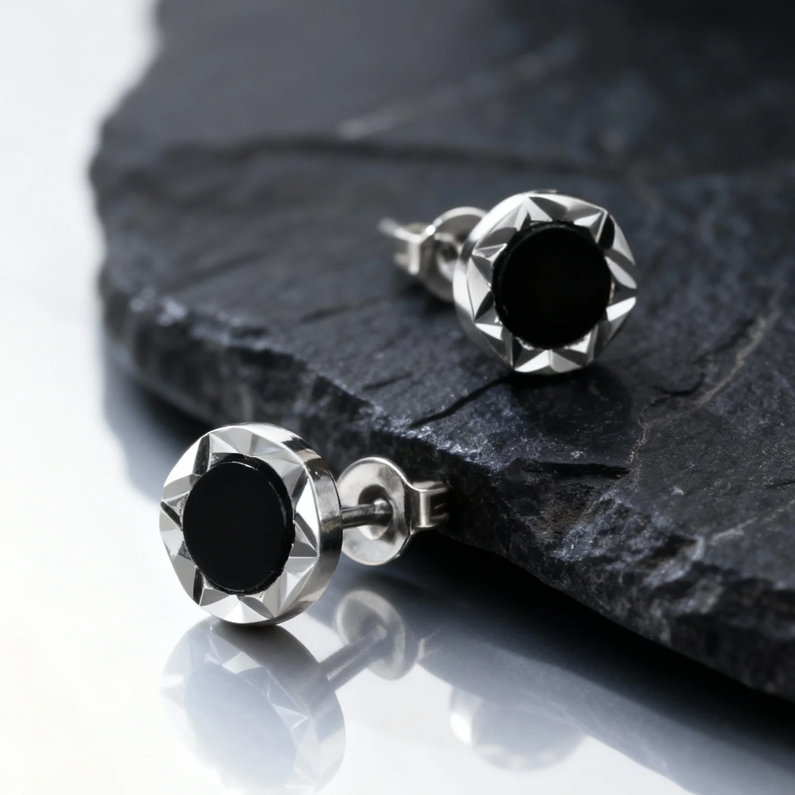 Black Onyx Round Metal Stud Earrings,Hip Hop Edge-Cut Textured Small Ear Studs,Unisex Piercing Earring Jewelry Gifts
