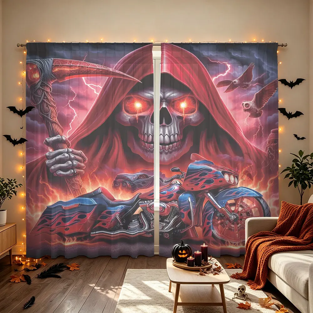 2pcs Red Robe Grim Reaper Flame Locomotive Print Rod Pocket Curtains, Light Blocking Privacy Drapes For Living Room Bedroom H