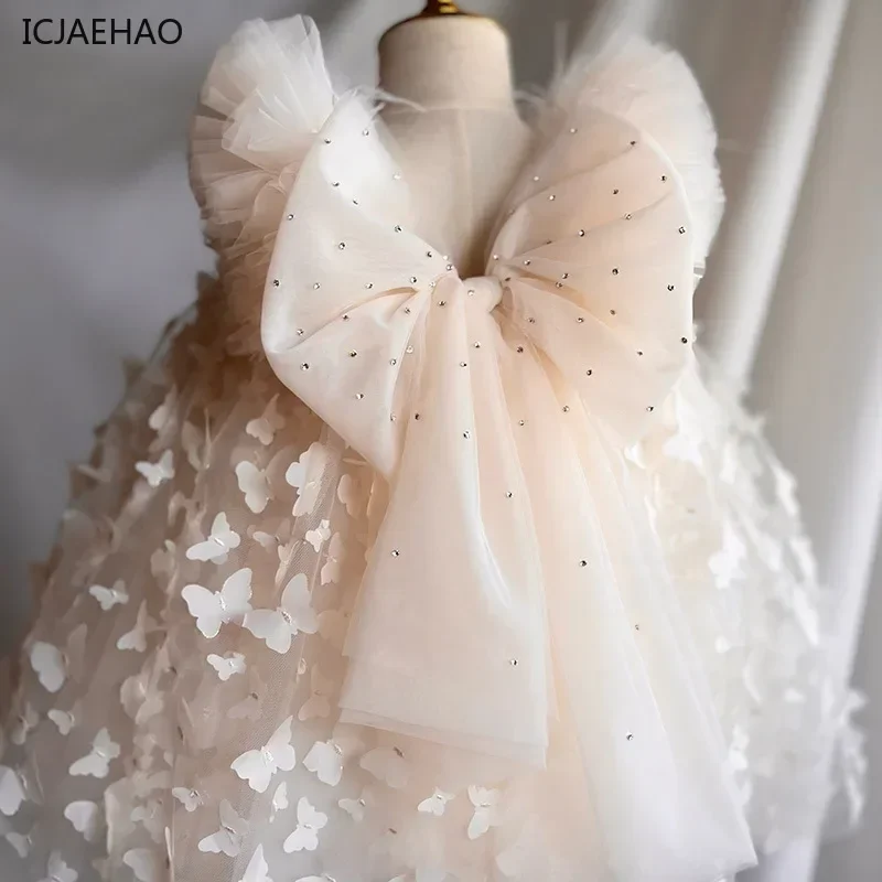 

2025 Infant Baby Girls Lolita Princess Elegant Dresses Matching New Kids Children's Party Champagne Mesh Luxury Dress