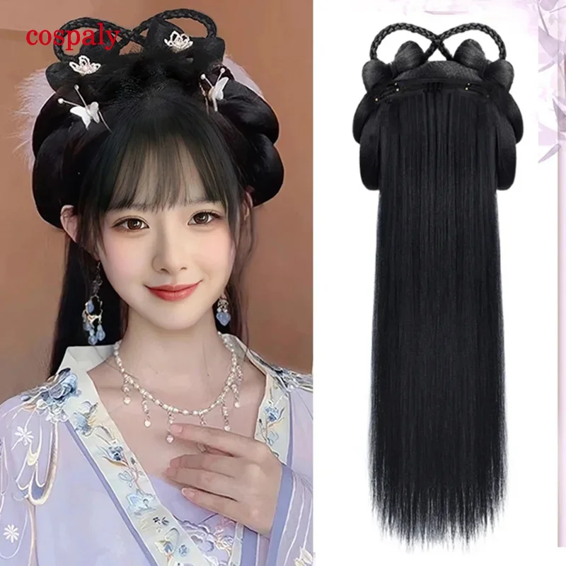 AS  Chinese Ancient Wig  Women Hanfu Wigs Headdress Photography Dance Accessory Wigs Black For Women Integrated Hair Bun