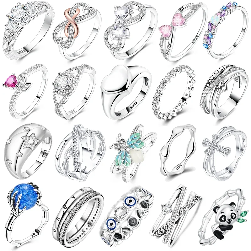 Original Romantic Heart-shaped White Zircon Shell Bowknot Rings 925 Sterling Silver  Women Jewelry Valentine's Day Birthday Gift