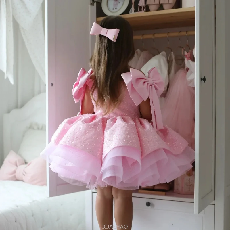 Party Dress 2025 Children Lovely Pink Flower Girl for Wedding Sequins Beading with Bow Kids Birthday First Communion Ball Gowns
