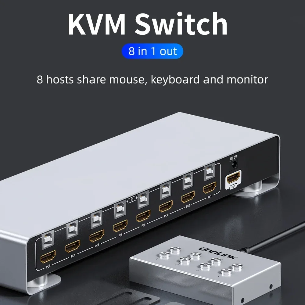 Unnlink HDMI KVM Switch 4K 30Hz Switcher 8 Chủ Dùng Chung 1 Màn Hình 4 Bàn Phím Chuột USB Pinter Với bộ Mở Rộng