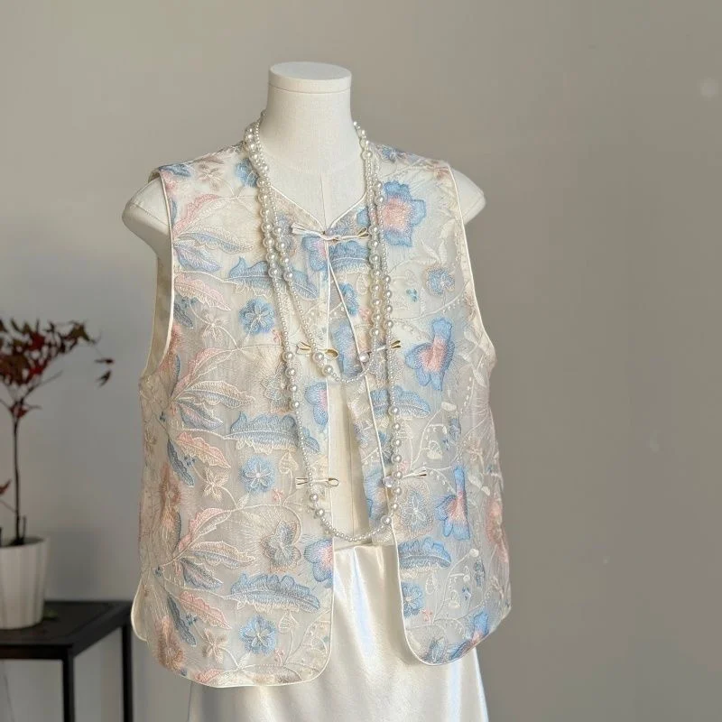 

New Women's Vest Women's Vest Style Vest new Blue Organza Thin Vest Women's Blouse new Chinese Style National Wind Outside Wear