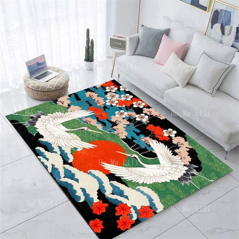 Japanese Art Illustrations Flannel Floor Rugs Geisha Cherry Blossom Home Decor Stork Pattern Modern Carpet Gift