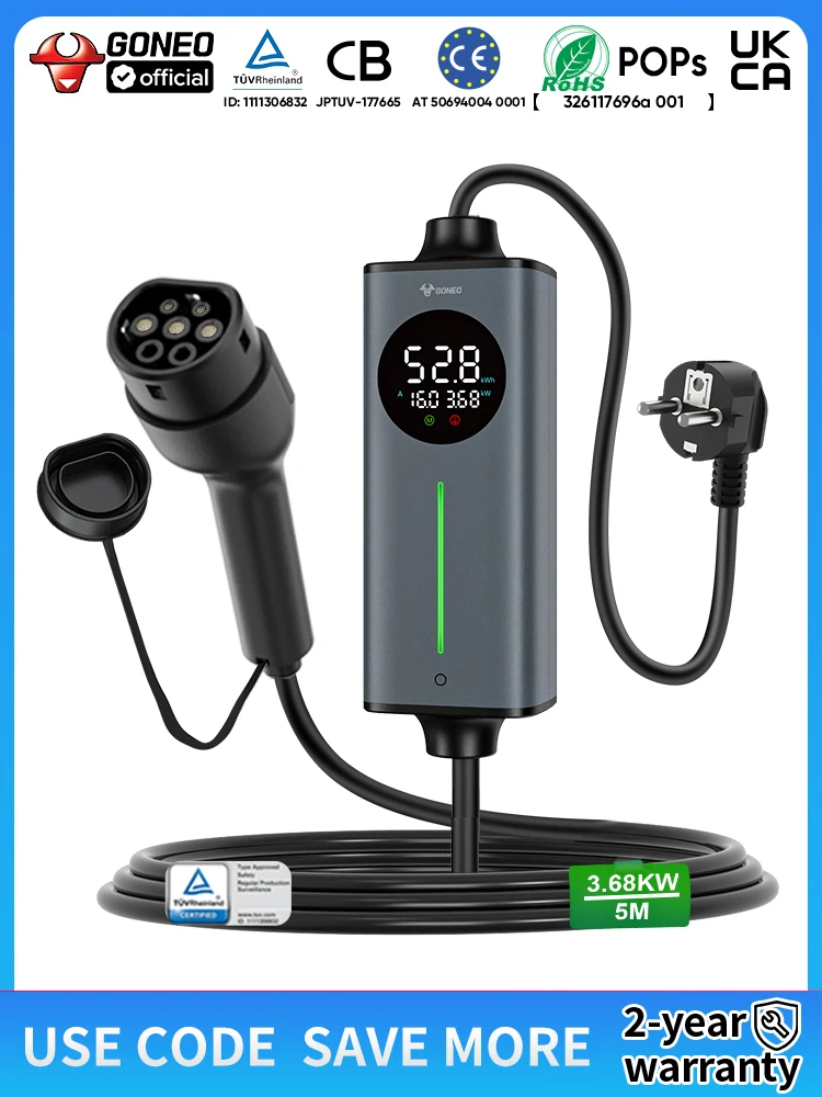 GONEO Draagbare Type 2 EV-lader – Schuko-stekker, voor elektrische auto's & plug-in hybrides ​ Slimme temperatuurregeling, dubbele FI (AC+DC) bescherming, automatische aardingsdetectie, instelbare - afbeelding 2
