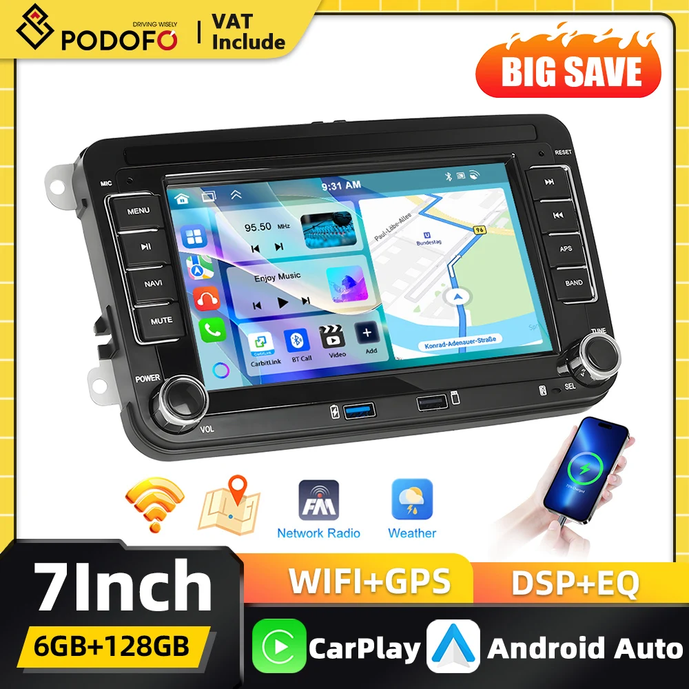 Podofo Carplay 2Din Android Auto-Multimediaplayer für VW SAGITAR JATTA JETTA MAGOTAN Android Auto GPS Mirror Link Auto-Audio