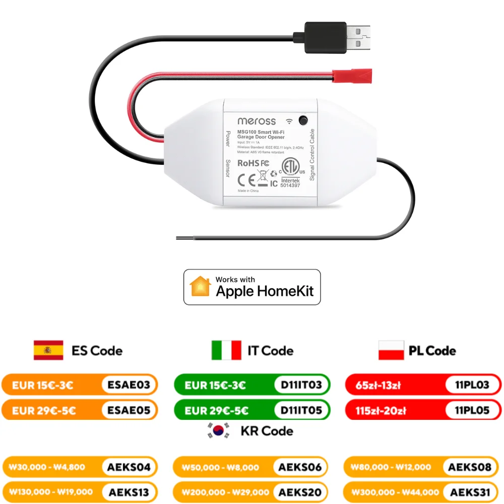Meross HomeKit WiFi inteligente abridor de puerta de garaje sensores WiFi controlador Control remoto compatible con asistente de Google Alexa SmartThings