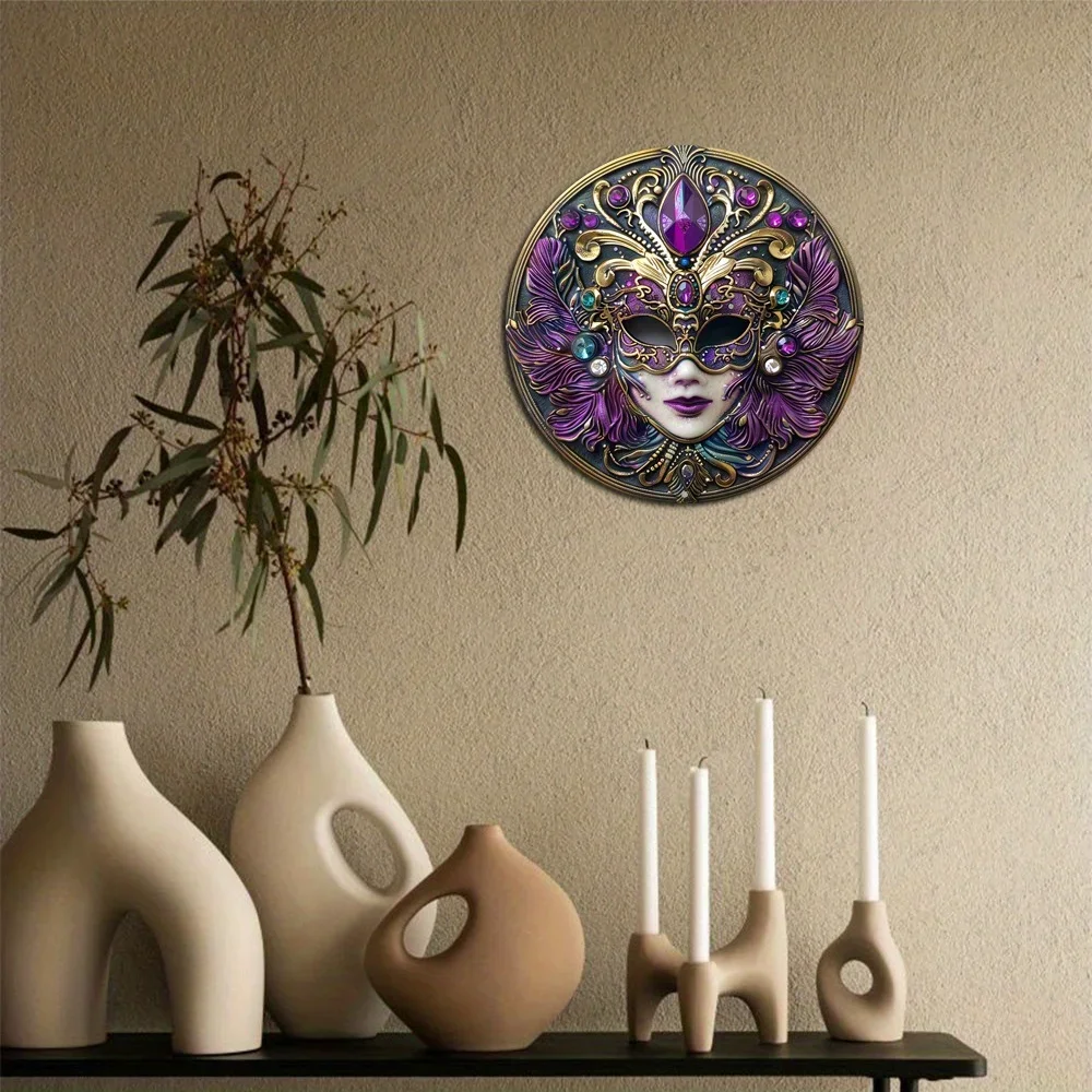 Vibrant Mardi Gras Themed Wreath Sign, Round Aluminum Metal Decor for Home, Cafe, Apartment, Living Room Wall Decoration