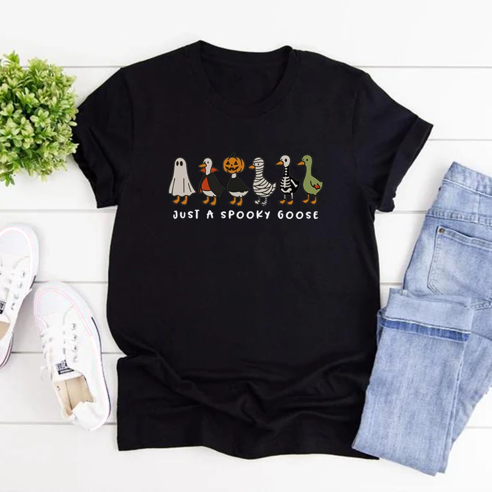 Just A Spooky Goose T-shirt Funny Halloween Goose T Shirt Women Short Sleeve Graphic Tees Spooky Season Tshirt Halloween Gift