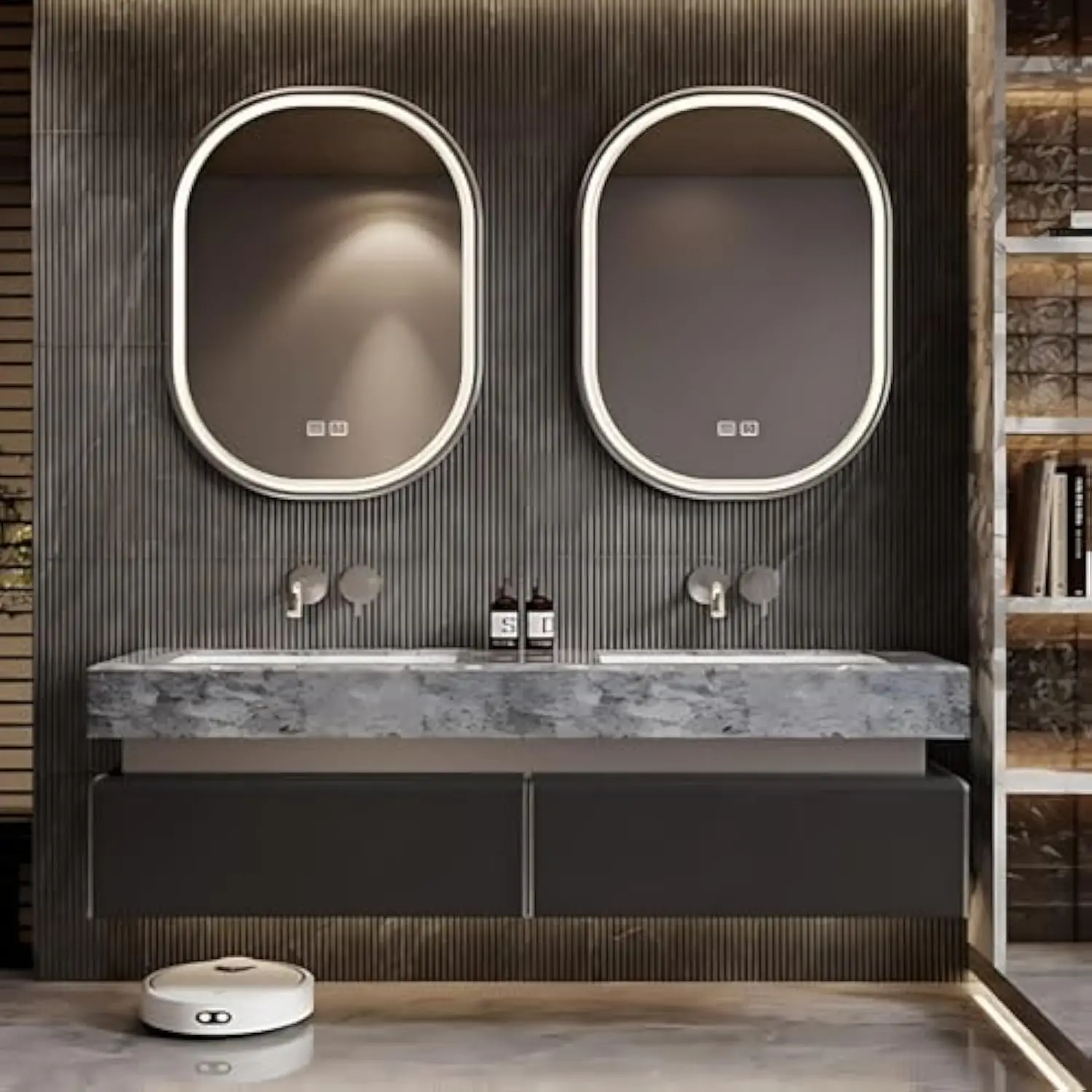 

*v Multi-Layer Solid Wood Stone Countertop Wall-Mounted Bathroom Vanity Undermount Ceramic Sink Anti-Fog Smart Hotel Villa