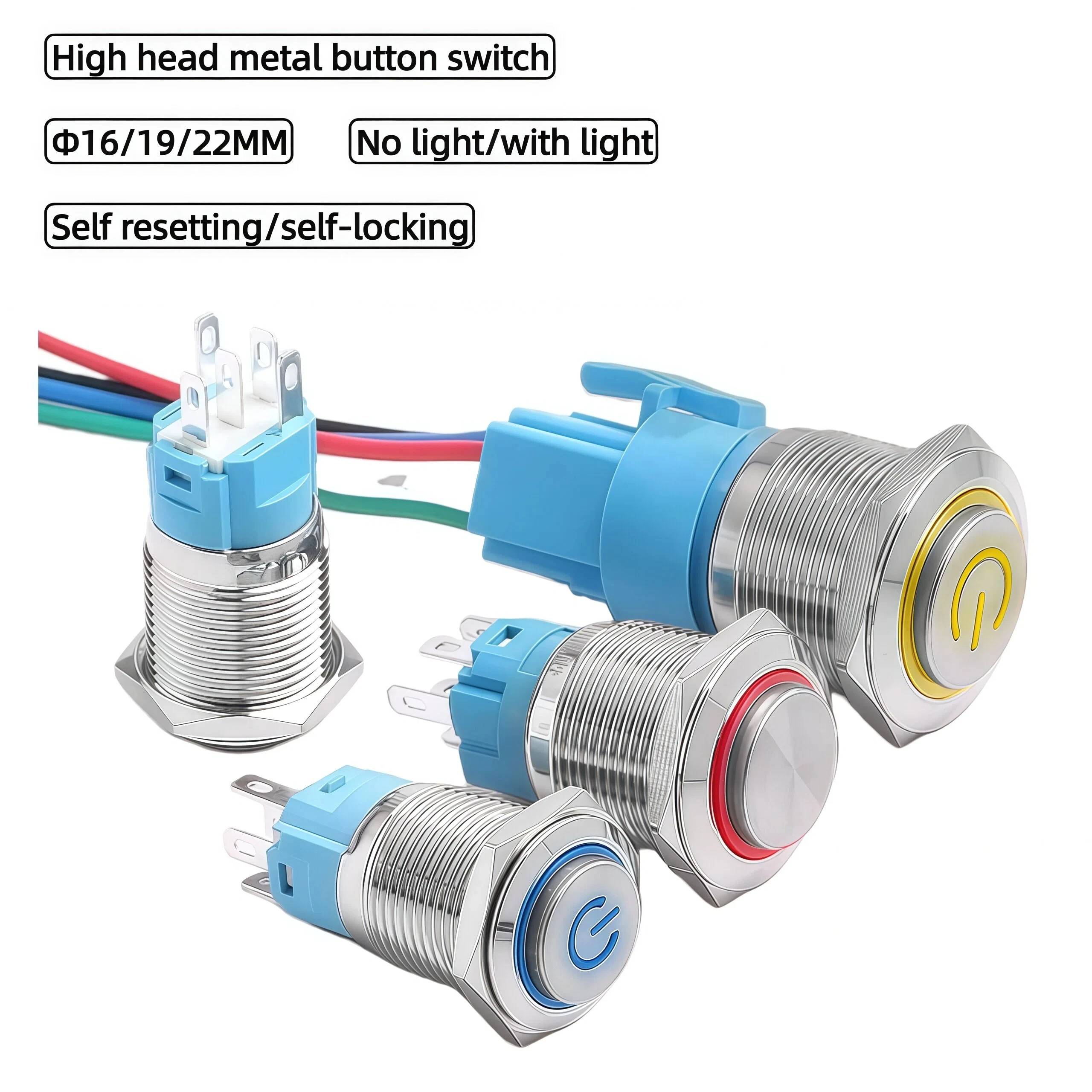 مفتاح زر ضغط معدني 16/19/22 مم، رأس عالي، قفل/إعادة ضبط ذاتي، مقاوم للماء، مضاء، 5 فولت/24 فولت/220 فولت