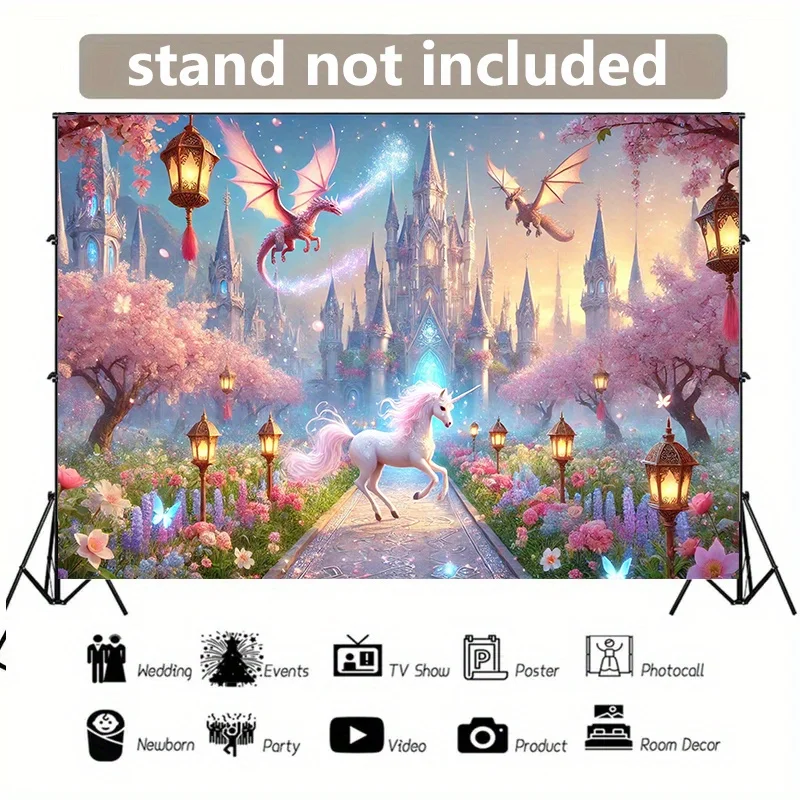 ديكور حائط من البوليستر النابض بالحياة على شكل قلعة وحيد القرن المسحور مع تنين وحيد القرن وأضواء خرافية. ديكور غرفة النوم